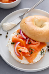 Smoked salmon bagel breakfast setup