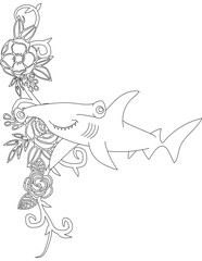 Shark and A Floral Vine Coloring Page. Printable Coloring Worksheet for Adults and Kids. Educational Resources for School and Preschool.