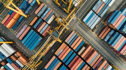 An aerial view of a container yard with stacked containers and active cranes, showcasing logistics operations.