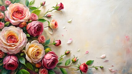 Pink roses on grunge background copy space.