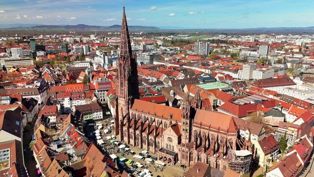 Aerial view of the city of Freiburg im Breisgau in Germany.
