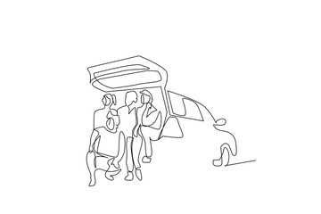 people friends car travel summer vacation together happy pose life one line art design vector