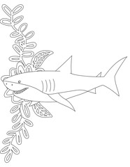 Shark and A Floral Vine Coloring Page. Printable Coloring Worksheet for Adults and Kids. Educational Resources for School and Preschool.