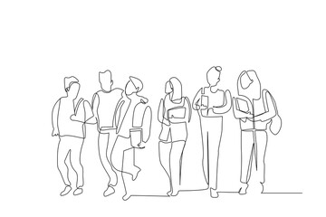 university people young people friends bag book walking together campus education life one line art design