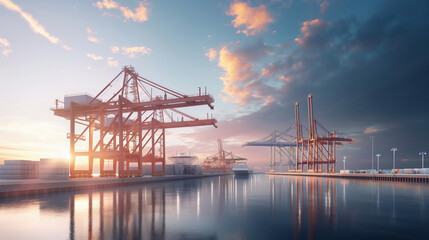 A panoramic view of a modern dock with automated cranes and facilities, highlighting technological advancements.