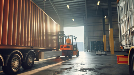 A worker loading containers onto a truck with a forklift in a warehouse, showcasing cargo transportation efficiency.