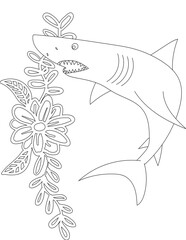 Shark and A Floral Vine Coloring Page. Printable Coloring Worksheet for Adults and Kids. Educational Resources for School and Preschool.