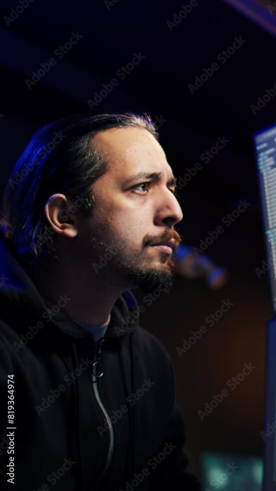 Poster vertical video hacker using artificial intelligence technology to write spyware software able to gat
