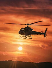 A captivating view of a helicopter cruising above cloud level as the sun sets, painting the sky with warm colors.