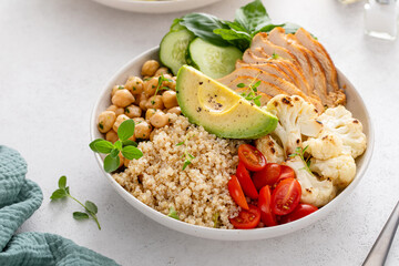 Healthy quinoa buddha bowl with grilled chicken