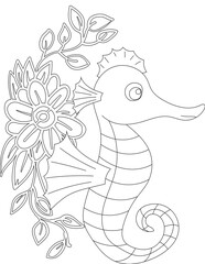 Seahorse and A Floral Vine Coloring Page. Printable Coloring Worksheet for Adults and Kids. Educational Resources for School and Preschool.