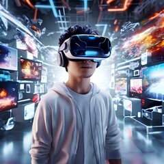 individual immersed in virtual reality environment wearing sleek futuristic vr glasses 
