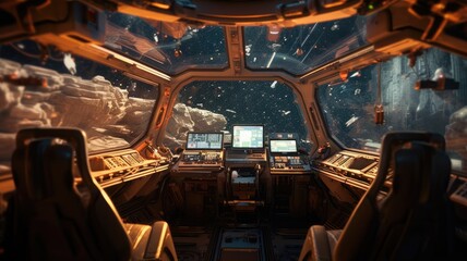 Futuristic spaceship cockpit interior with a view of space station and stars. A large spaceship window show view of space and modern cockpit with control panel with glowing light. Technology. AIG35.