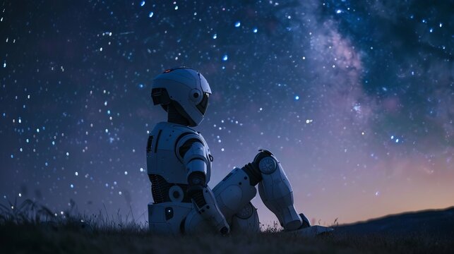 AI robot sitting alone, gazing at a starry night sky, a sense of wonder and contemplation 6