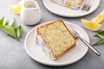 Lemon poppy seed cake on white plate