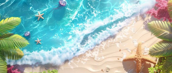 Summer holiday background. top view 3d beach clay style, copy space for your text.