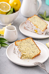 Lemon poppy seed cake on white plate