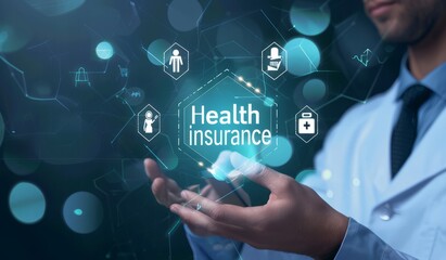 Fototapeta premium Health insurance,Businessman touching on virtual screen with text 
