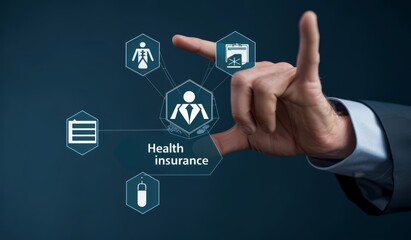 Obraz premium Health insurance,Businessman touching on virtual screen with text 