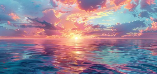 Fototapeta premium A pastel drawing of a vibrant sunset over the ocean, with soft, blending colors reflecting in the water