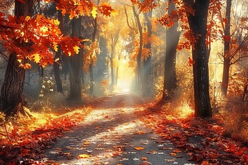 Fototapeta premium A peaceful forest path covered with fallen autumn leaves, sunlight filtering through the trees
