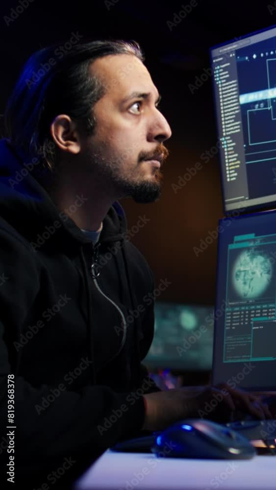 Poster vertical video hacker using ai technology to target vulnerable unpatched connections to steal data. 