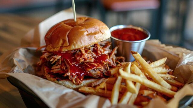Zooming in on a Delicious Pulled Pork Sandwich and French Fries