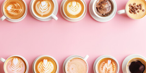 Cups with different types of coffee, assortment of fresh coffee on colored background with copy space.