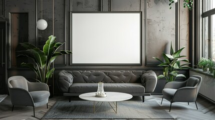 Mock up poster frame in a modern Art Deco style living room interior, 3D render, 3D illustration.