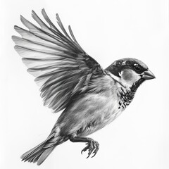 Obraz premium House Sparrow Bird Pencil Sketch Hand Drawn Black and White Depiction of Passer Domesticus on a Blank White Background