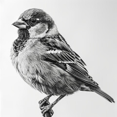 House Sparrow Bird Pencil Sketch Hand Drawn Black and White Depiction of Passer Domesticus on a Blank White Background