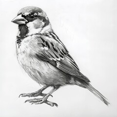 House Sparrow Bird Pencil Sketch Hand Drawn Black and White Depiction of Passer Domesticus on a Blank White Background