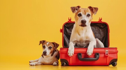 funny brown labrador retriever sitting in open red suitcase and Jack Russell Terrier laying near on the floor waiting to travel fotorealistic on a yellow background