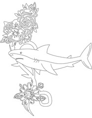 Shark and A Floral Vine Coloring Page. Printable Coloring Worksheet for Adults and Kids. Educational Resources for School and Preschool.