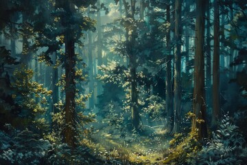 Obraz premium The view from inside the forest. Green trees close together with mist lingering in between.