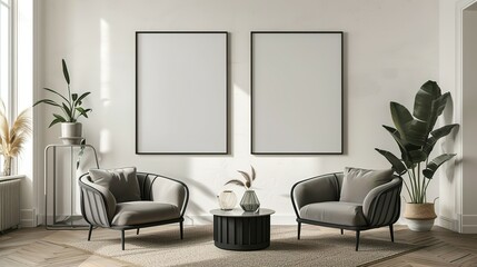 Mock up poster frame in a modern Art Deco style living room interior, 3D render, 3D illustration.