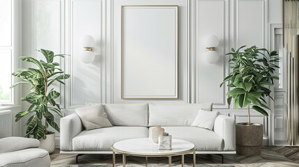 Mock up poster frame in a modern Art Deco style living room interior, 3D render, 3D illustration.