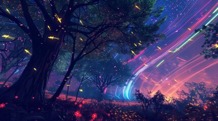 A virtual forest ablaze with neon fireflies flitting among the branches, their bioluminescent trails painting the night sky with streaks of color.