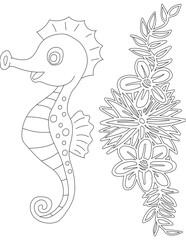 Seahorse and A Floral Vine Coloring Page. Printable Coloring Worksheet for Adults and Kids. Educational Resources for School and Preschool.