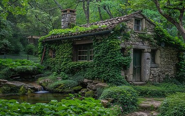 A rustic stone cottage covered in ivy, nestled in a lush green forest with a small stream nearby