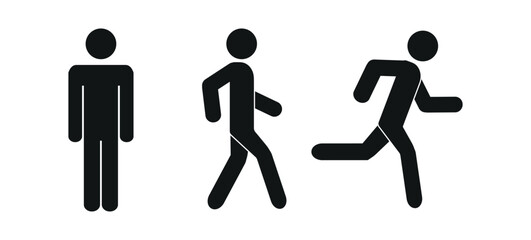 human figure in different poses, pictogram, man standing, walking, running, isolated people on a white background, flat vector illustration