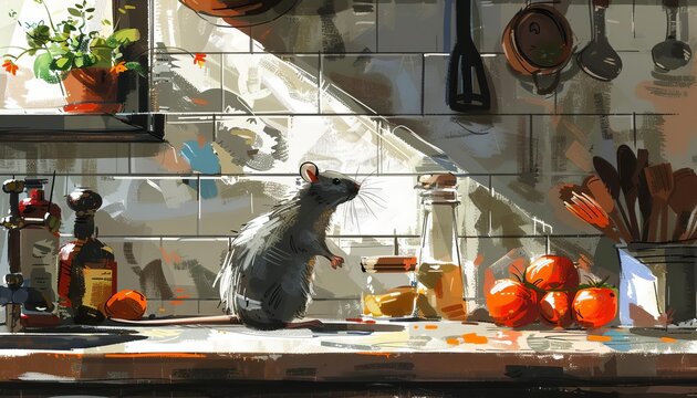 A rat exploring a kitchen counter at home, surrounded by cooking ingredients and utensils