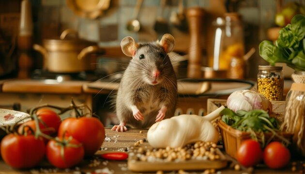 A rat exploring a kitchen counter at home, surrounded by cooking ingredients and utensils