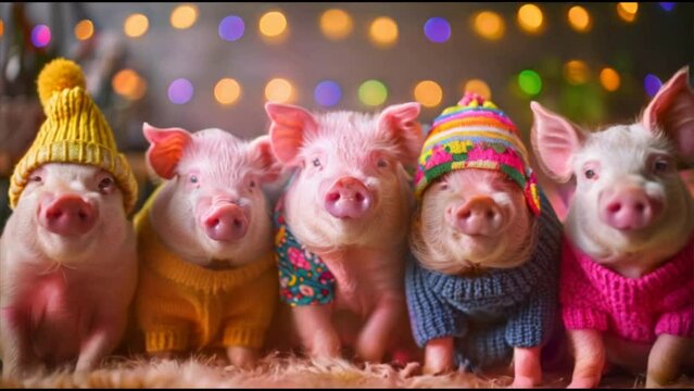 creative animals A group of piglet pigs in strange, mismatched and brightly colored outfits are isolated on a new background ad. birthday party invitation banner