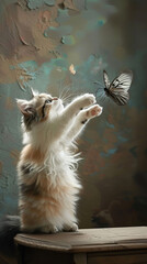 a regdoll cat catches a butterfly near a painting