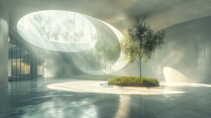 minimalist, ultra realistic photo of a large open courtyard with tiny white mesh grid tiles and a concrete floor in the style of a Japanese zen garden