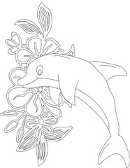 Dolphin and A Floral Vine Coloring Page. Printable Coloring Worksheet for Adults and Kids. Educational Resources for School and Preschool.