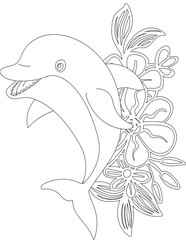 Dolphin and A Floral Vine Coloring Page. Printable Coloring Worksheet for Adults and Kids. Educational Resources for School and Preschool.