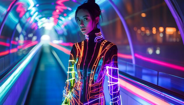 Woman in Neon Suit in Illuminated Tunnel