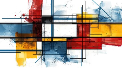 Compose an abstract piece for a mid-journey visual exploration, utilizing a restricted yet striking palette of white, red, yellow, and blue,